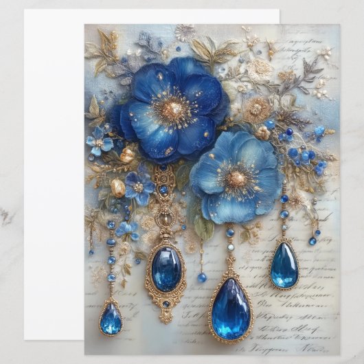 Blue Flower Gems Junk Journal Scrapbook Paper (正面/裏面)