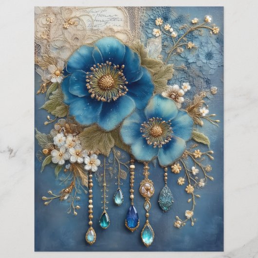 Blue Flower Gems Junk Journal Scrapbook Paper (正面)