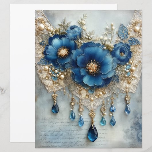 Blue Flower Gems Junk Journal Scrapbook Paper (正面/裏面)