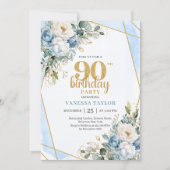 Blue Flower Gold Accent 90th Birthday Party Invite 招待状 (正面)