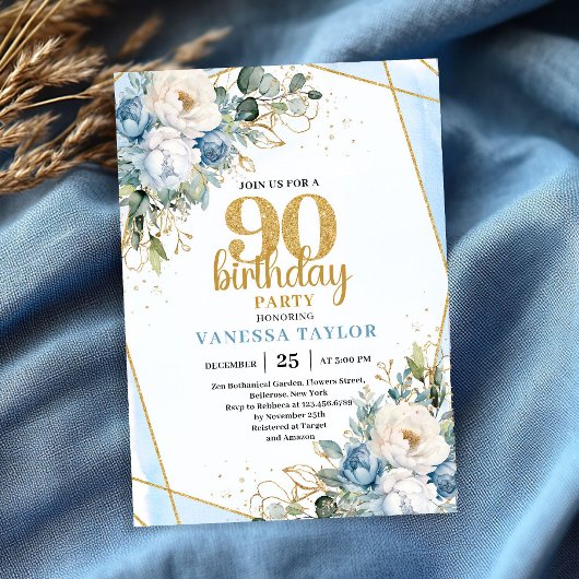 Blue Flower Gold Accent 90th Birthday Party Invite 招待状
