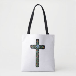 Blue Flower Painted Cross トートバッグ