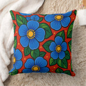 Blue Flowers and Green Leaves on a Red Background クッション (ブランケット)