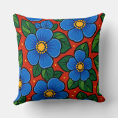 Blue Flowers and Green Leaves on a Red Background クッション (裏面)