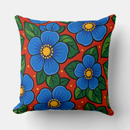 Blue Flowers and Green Leaves on a Red Background クッション