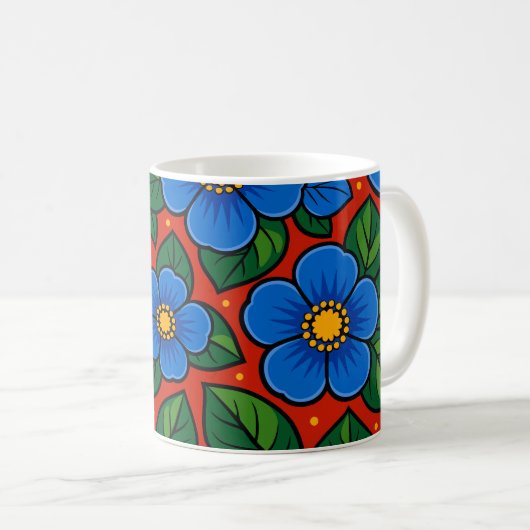 Blue Flowers and Green Leaves on a Red Background コーヒーマグカップ (正面右)