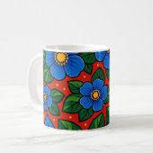 Blue Flowers and Green Leaves on a Red Background コーヒーマグカップ (正面左)