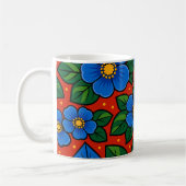 Blue Flowers and Green Leaves on a Red Background コーヒーマグカップ (左)
