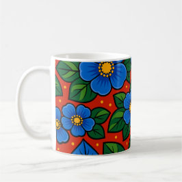 Blue Flowers and Green Leaves on a Red Background コーヒーマグカップ