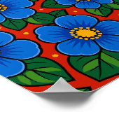 Blue Flowers and Green Leaves on a Red Background ポスター (角)
