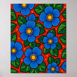 Blue Flowers and Green Leaves on a Red Background ポスター