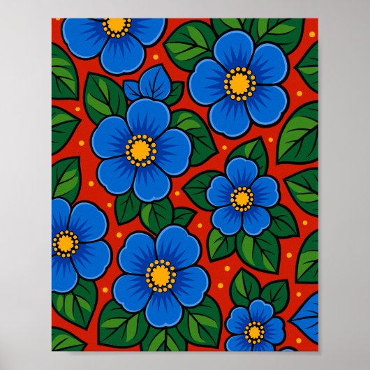 Blue Flowers and Green Leaves on a Red Background ポスター (正面)