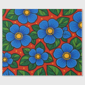 Blue Flowers and Green Leaves on a Red Background ラッピングペーパー (フラット)