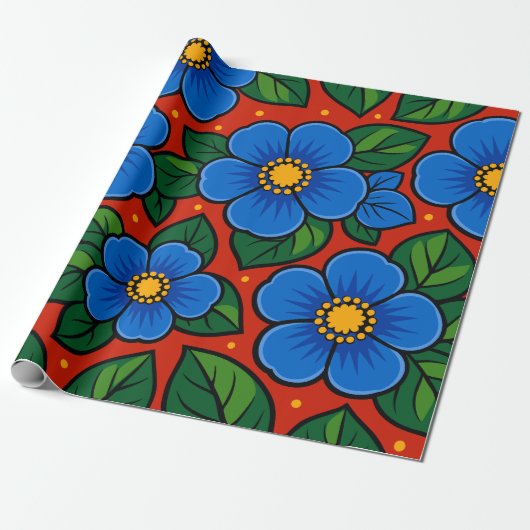 Blue Flowers and Green Leaves on a Red Background ラッピングペーパー (アンロールド)