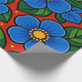 Blue Flowers and Green Leaves on a Red Background ラッピングペーパー (角)