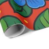 Blue Flowers and Green Leaves on a Red Background ラッピングペーパー (ロールコーナー)