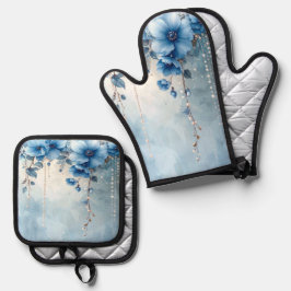 Blue Flowers and Pearls 鍋つかみ&鍋敷きセット