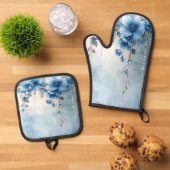 Blue Flowers and Pearls 鍋つかみ&鍋敷きセット (トップダウン)