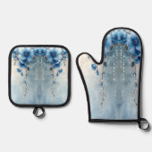 Blue Flowers and Pearls 鍋つかみ&鍋敷きセット (正面)