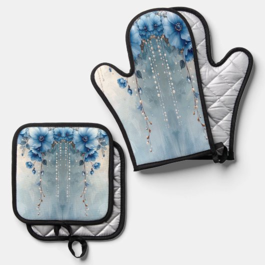 Blue Flowers and Pearls 鍋つかみ&鍋敷きセット (正面/裏面)