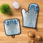 Blue Flowers and Pearls 鍋つかみ&鍋敷きセット (トップダウン)