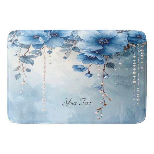 Blue Flowers and Pearls Bath Mat バスマット (正面)