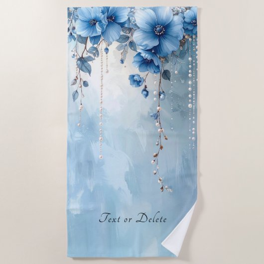 Blue Flowers and Pearls Beach Towel ビーチタオル (正面)
