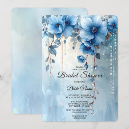 Blue Flowers and Pearls Bridal Shower 招待状