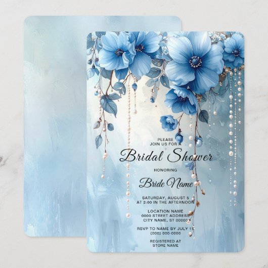 Blue Flowers and Pearls Bridal Shower 招待状 (正面/裏面)