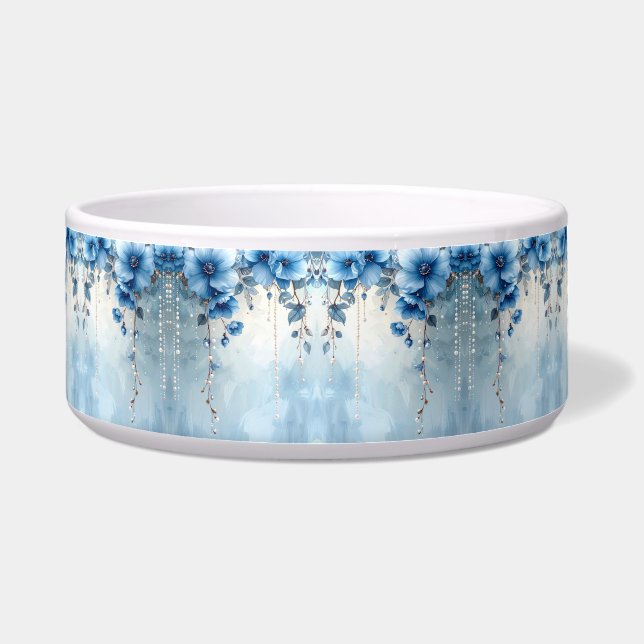 Blue Flowers and Pearls Ceramic Pet Bowl ボウル (正面)