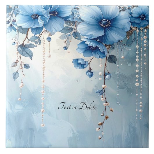 Blue Flowers and Pearls Ceramic Tile タイル (正面)