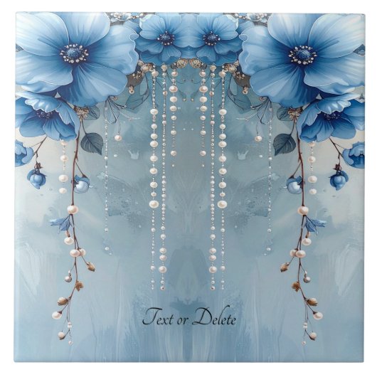 Blue Flowers and Pearls Ceramic Tile タイル (正面)