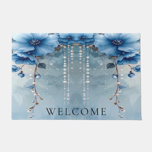 Blue Flowers and Pearls Doormat ドアマット (正面)