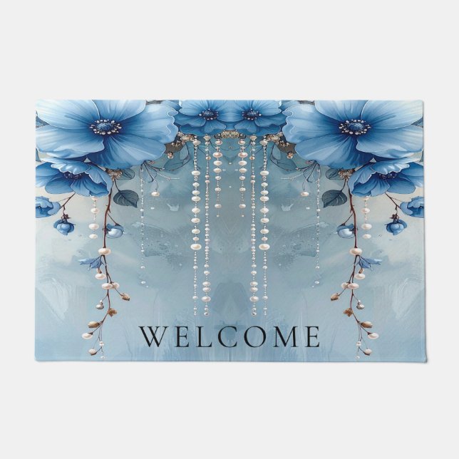 Blue Flowers and Pearls Doormat ドアマット (正面)