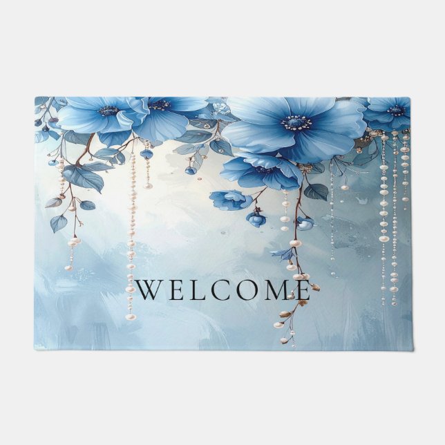 Blue Flowers and Pearls Doormat ドアマット (正面)