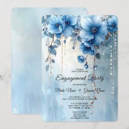 Blue Flowers and Pearls Engagement Invitation 招待状
