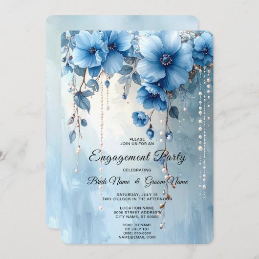 Blue Flowers and Pearls Engagement Invitation 招待状 (正面/裏面)