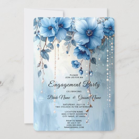 Blue Flowers and Pearls Engagement Invitation 招待状 (正面)