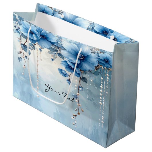 Blue Flowers and Pearls Gift Bag ラージペーパーバッグ (正面アングル)