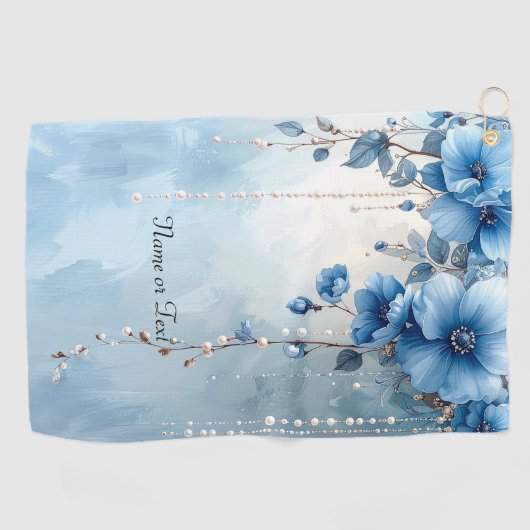 Blue Flowers and Pearls Golf Towel ゴルフタオル (横)