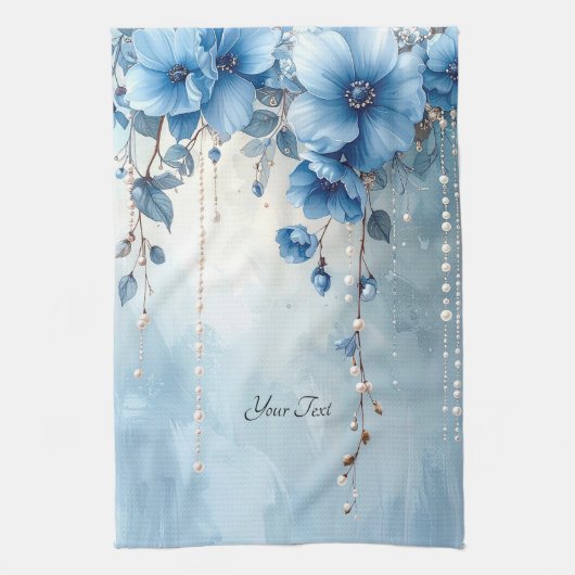 Blue Flowers and Pearls Kitchen Towel キッチンタオル (縦)
