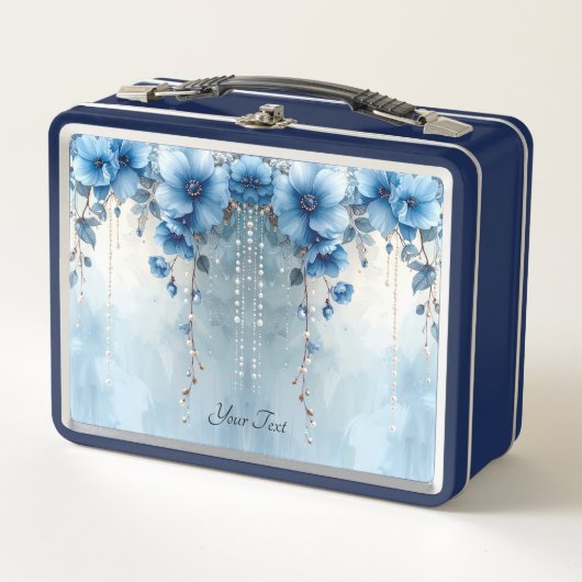 Blue Flowers and Pearls Lunch box メタルランチボックス (正面)