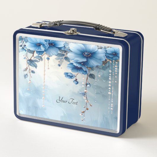 Blue Flowers and Pearls Lunch box メタルランチボックス (正面)