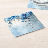 Blue Flowers and Pearls Paper Coaster スクエアペーパーコースター (アングル)
