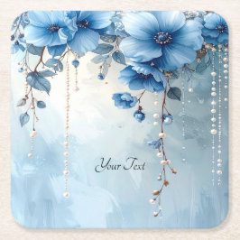 Blue Flowers and Pearls Paper Coaster スクエアペーパーコースター