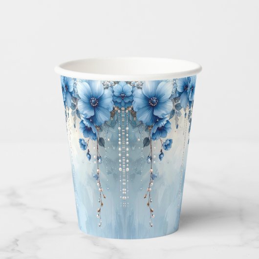 Blue Flowers and Pearls Paper Cups 紙コップ (正面)