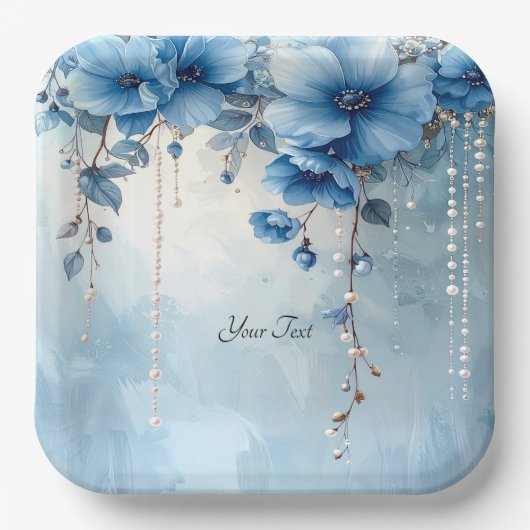 Blue Flowers and Pearls Paper Plate ペーパープレート (正面)