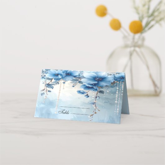 Blue Flowers and Pearls Place Card プレイスカード (正面)