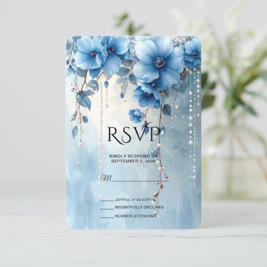 Blue Flowers and Pearls RSVP Card (スタンド正面)