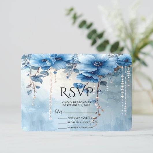 Blue Flowers and Pearls RSVP Card (スタンド正面)